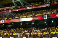 Crowd stand for the national anthem during match 4 of the Indian Super League (ISL) season 2 between Kerala Blasters FC and NorthEast United FC held at the Jawaharlal Nehru Stadium, Kochi, India on the 6th October 2015. Photo by Sandeep Shetty / ISL/ SPORTZPICS